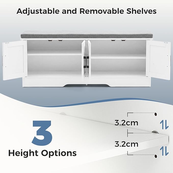 DUMOS Storage Bench, Shoe Organizer Cabinet with Thickened Padded Seat Cushion, Entryway Bench with 4 Doors & Adjustable Shelf for Hallway, Bedroom, Living Room, 47 inch, White
