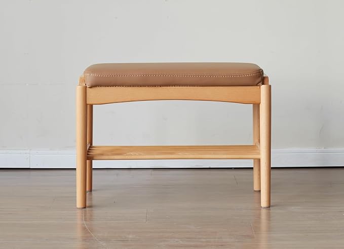 Solid Wood Shoe Bench Assembled, Shoe Rack Bench with Silicone Leather Cushion for Entryway, Living Room, Bedroom, Hallway, 11.8" x 31.5" x 16.5", Natural & Brown