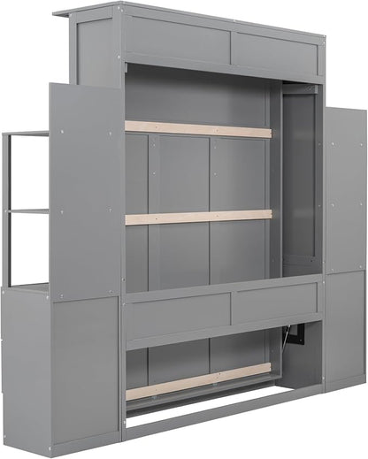 Queen Murphy Bed Cabinet, Space Saving Wall Bed with Storage and Lights | Flexible slats support an 8-inch mattress, while 2 four-layer shelves and 4 drawers help keep essentials organized