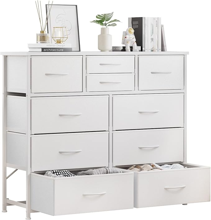 LUMTOK 10-Drawer Dresser, Fabric Storage Tower with Drawers for Bedroom, Dresser Drawer with Handle for Bedroom, Living Room, Hallway, Closets & Nurseryteel Frame, Wood Top (10 Drawer/White)