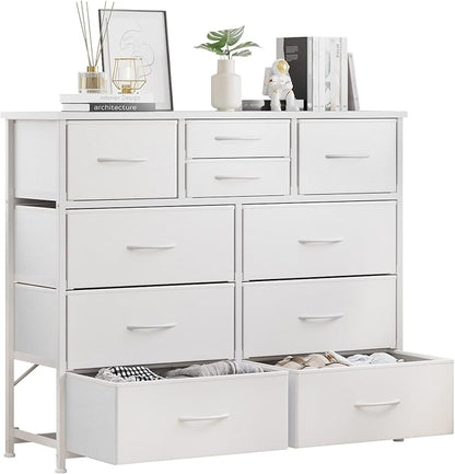 LUMTOK 10-Drawer Dresser, Fabric Storage Tower with Drawers for Bedroom, Dresser Drawer with Handle for Bedroom, Living Room, Hallway, Closets & Nurseryteel Frame, Wood Top (10 Drawer/White)