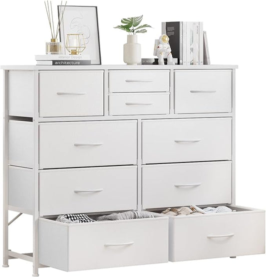 LUMTOK 10-Drawer Dresser, Fabric Storage Tower with Drawers for Bedroom, Dresser Drawer with Handle for Bedroom, Living Room, Hallway, Closets & Nurseryteel Frame, Wood Top (10 Drawer/White)