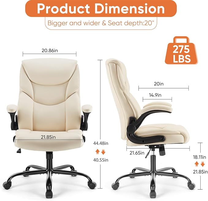 Sweetcrispy Ergonomic Computer Gaming Office Chair Set of 2, Heavy Duty Task Desk Swivel Rolling Chairs with Wheels, Flip-up Arms, Adjustable Height, PU Leather,Cream White