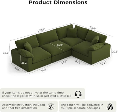 Modular Sectional Sofa, 4 Seater Cloud Couch,Down Filled Comfy Cloud Modern Sofa,Green Linen Oversized Couch Cushion Covers Removable for Living Room