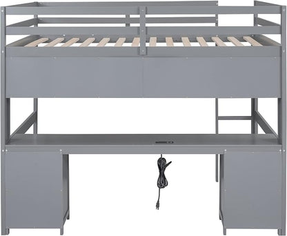 Full Size Loft Bed with Desk, Storage Cabinets, Drawers and Bedside Tray, Multifunctional Full Beds with Plug Outlets & 2 USB Port, Gray