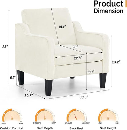 VINGLI Living Room Chairs White Accent Chair Soft Chenille Comfy Arm Chair Mid Century Modern Sofa Chair for Small Spaces Bedroom, Home Offfice, Apartment, Lounge (Creamy White)