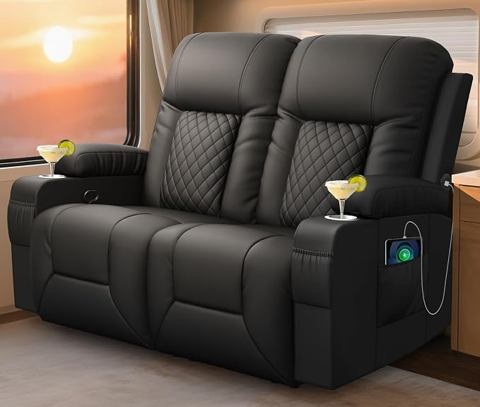 RV Loveseat Recliner Sofa, Reclining Loveseat Wall Hugger Recliners with USB Ports, Cup Holders, Insert Pockets, RV Recliners for Travel Trailers & Living Room, RV Furniture | RV Couch | Black