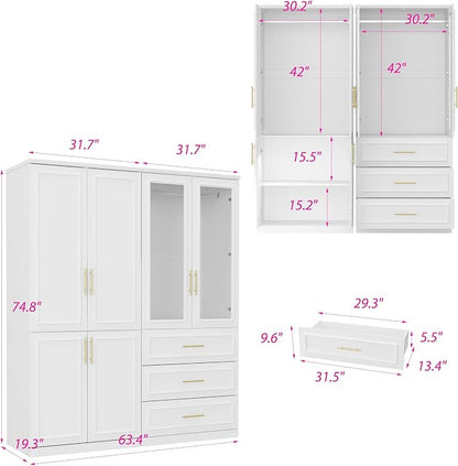 Timechee Almirah for Clothes Combination, White Wardrobe Closet Bedroom Storage Cabinets with Tempered Glass Doors and Shelves, Armoire with Drawers, Large Standing Wardrobe Storage Closet for Bedroom