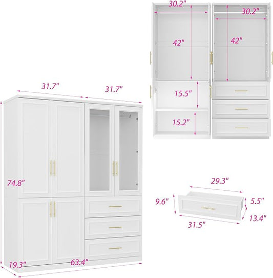 Timechee Almirah for Clothes Combination, White Wardrobe Closet Bedroom Storage Cabinets with Tempered Glass Doors and Shelves, Armoire with Drawers, Large Standing Wardrobe Storage Closet for Bedroom