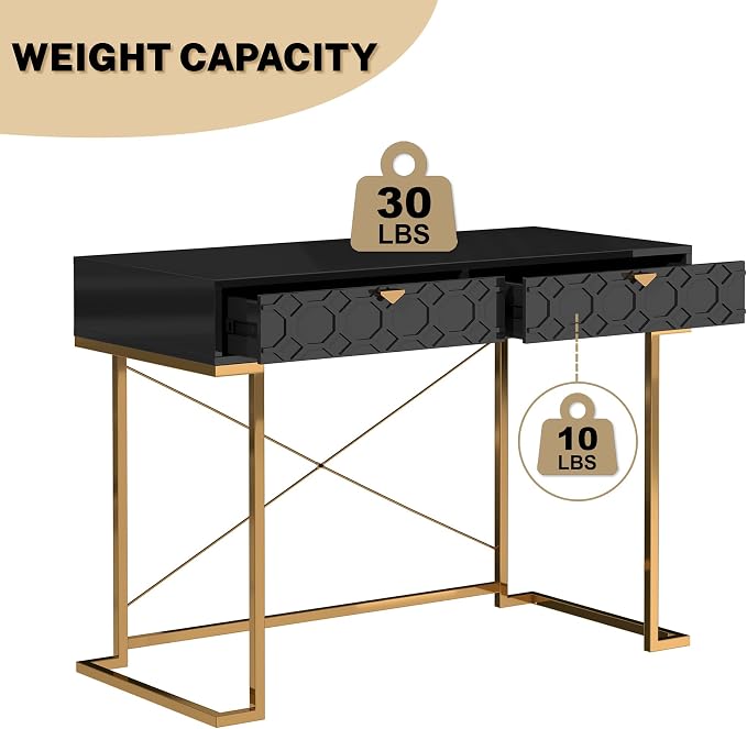 Clihome 42'' Home Office Desks, Modern Writing Desk with Drawers, Modern Simple Desk with Golden Legs and X-Shaped Bracket