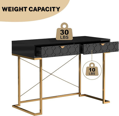 Clihome 42'' Home Office Desks, Modern Writing Desk with Drawers, Modern Simple Desk with Golden Legs and X-Shaped Bracket
