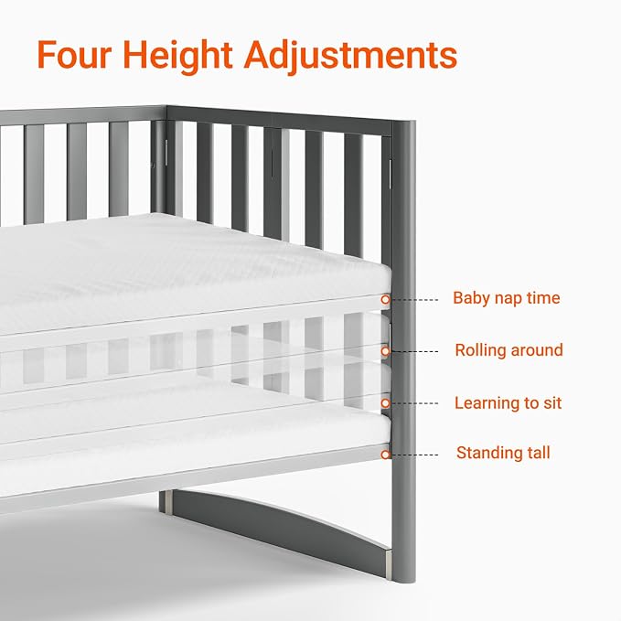 MAMAZING EvoNest 7-in-1 Convertible Baby Mini Crib with Wheels | GREENGUARD Gold Certified, New Zealand Pine Wood, 4 Adjustable Heights, Rocking Mode, Small Spaces Design, Grey