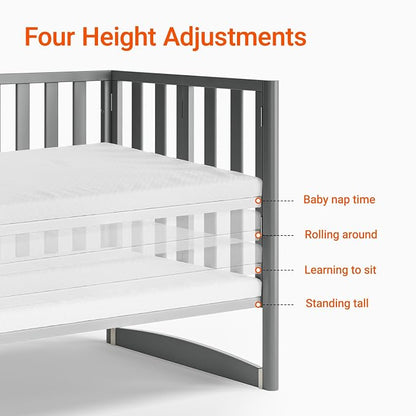 MAMAZING EvoNest 7-in-1 Convertible Baby Mini Crib with Wheels | GREENGUARD Gold Certified, New Zealand Pine Wood, 4 Adjustable Heights, Rocking Mode, Small Spaces Design, Grey