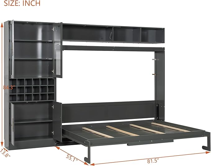 Queen Murphy Bed with Couch, Storage Shelves and USB, Folding Wall Bed | Stores bed and mattress together, with built-in light, 600 lbs capacity and 8-10 in mattress support for small spaces