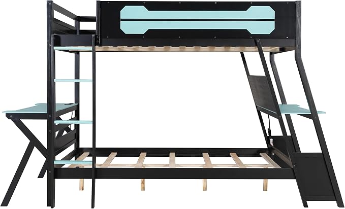 Merax Wooden Full Over Full Bunk Bed with 2 Side Desks, USB Desktop Ports and Pegboard Organizer, Gaming Bunk Bed for Gamer, Kids or Teens, No Box Spring Needed, Cloud Blue
