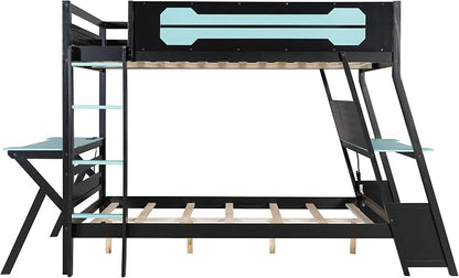Merax Wooden Full Over Full Bunk Bed with 2 Side Desks, USB Desktop Ports and Pegboard Organizer, Gaming Bunk Bed for Gamer, Kids or Teens, No Box Spring Needed, Cloud Blue
