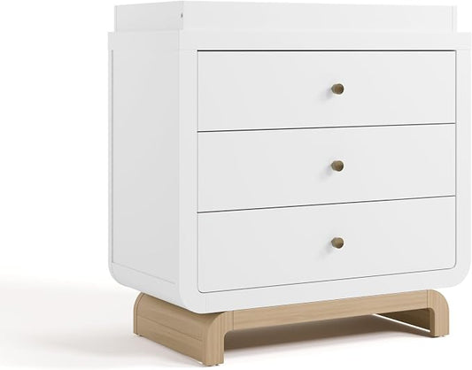 Storkcraft Santorini 3 Drawer Chest with Changing Topper (White with Driftwood) – GREENGUARD Gold Certified, Award-Winning Premium Wood Dresser for Baby & Kids Bedroom with Interlocking Drawer System