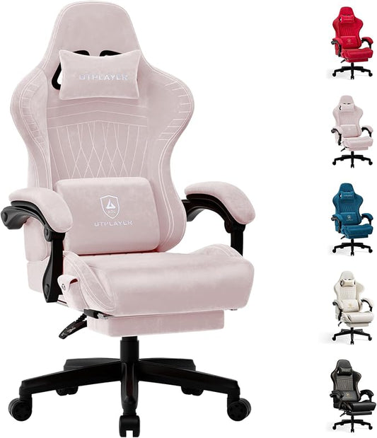 GTPLAYER Gaming Chair with Speakers, Video Game Chairs with Footrest, PC Gamer Chairs for Adults - Padded High Back Ergonomic Reclining Silla Gamer, Linkage Armrest, ACE Pro, Pink (Velvet)