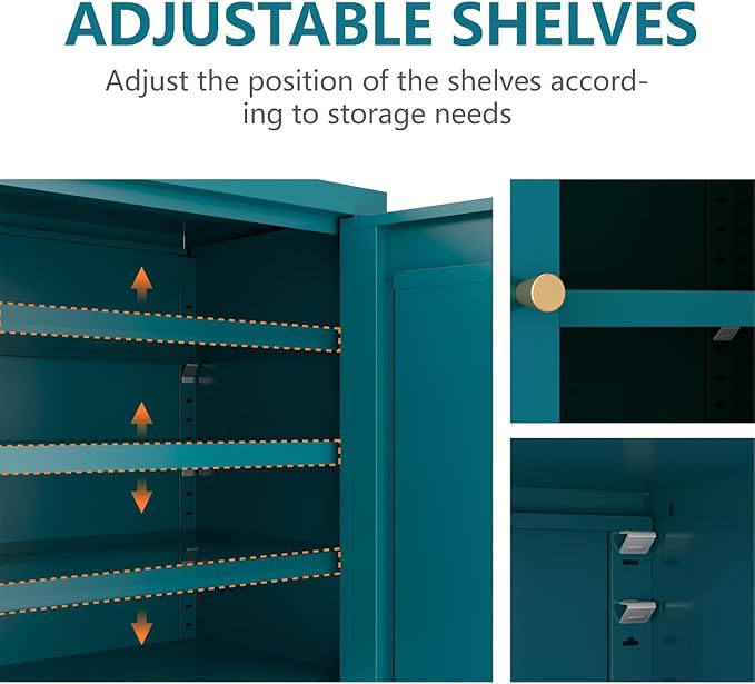Metal Bathroom Cabinet, Small Floor Storage Cabinet, Freestanding Sideboard with 2 Adjustable Shelves for Living Room, Dining Room, Kitchen (Blue, 31.5" H-2 Doors)