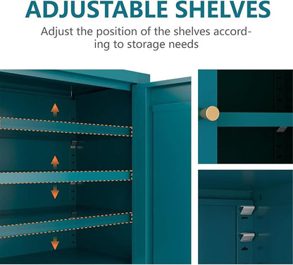 Metal Bathroom Cabinet, Small Floor Storage Cabinet, Freestanding Sideboard with 2 Adjustable Shelves for Living Room, Dining Room, Kitchen (Blue, 31.5" H-2 Doors)
