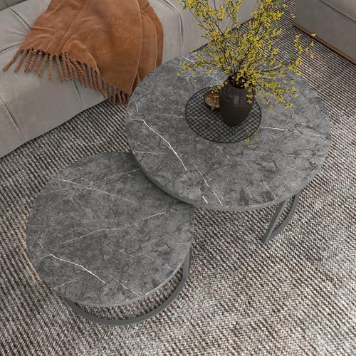 Nesting Coffee Table Set of 2, 31.5" Round Coffee Table Wooden Marble Pattern Accent Furniture, Industrial End Table for Living Room Bedroom Balcony (Gray/Gray)