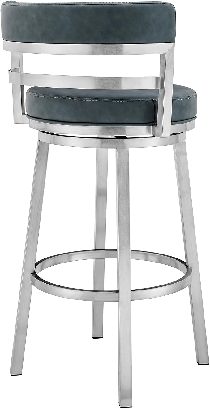 Armen Living Madrid 30" Seat Height Swivel Modern Blue Faux Leather and Brushed Stainless Steel Bar Stool for Kitchen Island Counter