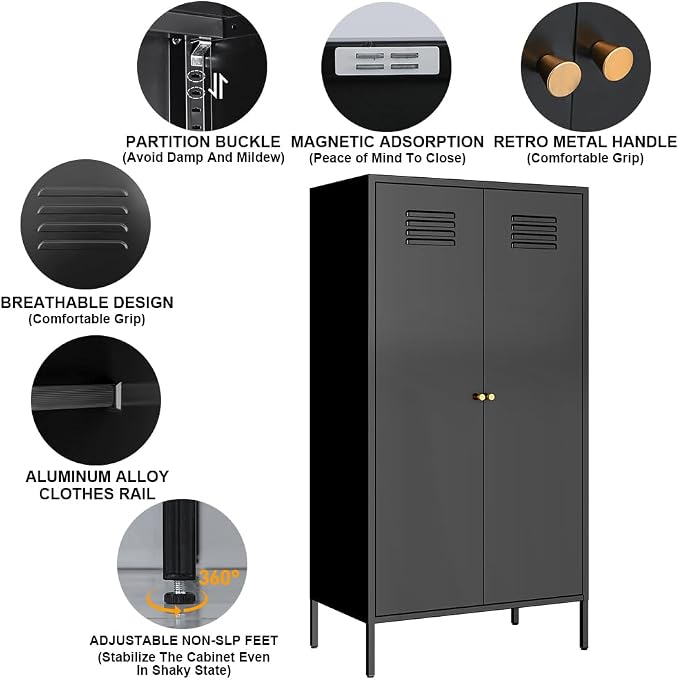 2 Door Metal Cabinet with Hanging Rod and 2 Freely Adjustable Shelves,Storage Locker Cabinet Closet for Office,Garage (Black)