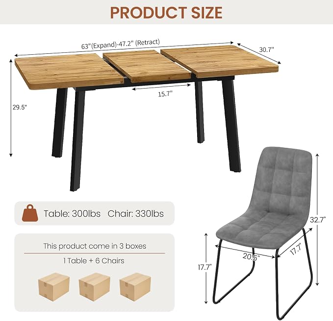 Extendable Dining Table Set for 4 to 8 People, 47.2" to 63" Modern Kitchen Table Set with 6 Chairs, MDF Dining Room Table and Chairs with Removable Extension Leaf (Walnut Table+U-Shaped Grey Chairs)