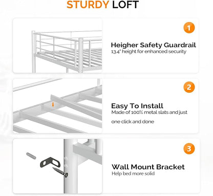 VINGL Loft Bed Full Size Kids Loft with 2 Stairs Design,Space-Saving Double Bed for Teens, Adults, Heavy Duty Metal Square Slat, No Box Spring Needed,White