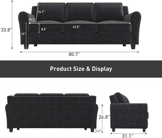 Bonzy Home 80.7" Black Couch, 3 Seater Sofa for Living Room, Modern Comfy Couches with Thick Cushion for Home Apartment Office