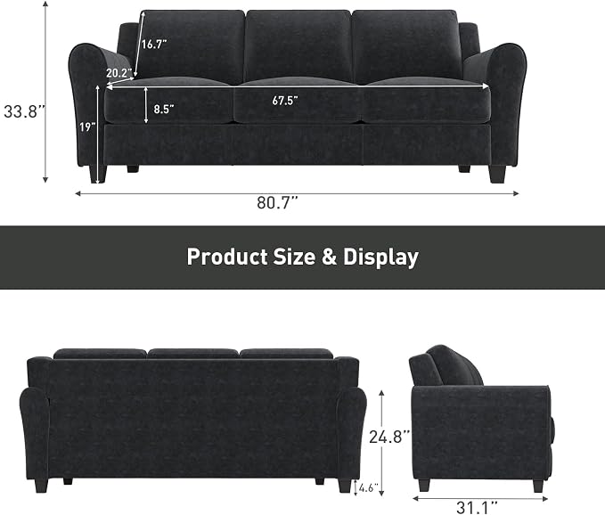 Bonzy Home 2 Piece Sofa Set, 3-Seater Sofa Couch Set of 2, Modern Comfy Sofa with Thick Cushion for Living Room Apartment Office, Black