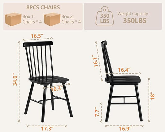 PrimeZone Windsor Dining Chairs Set of 8 - Solid Rubber Wood Farmhouse Kitchen Chair with Spindle Back, Mid-Century Modern Side Dining Chair for Dining Room, Kitchen & Restaurant, Black