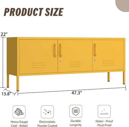 3 Door TV Standwith Storage Locke Metal TV Cabinet with 2-Tier Multi-Purpose Lockable Wide Storage Cabinet, Media Console Table with Metal Legs for Living Room, Bedroom,Office,Yellow