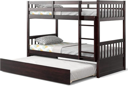 KOMFOTT Wood Twin Over Twin Bunk Bed with Trundle, Solid Pine Wood Bunk Bed Frame with Ladder & Safety Guardrails, Space-Saving Convertible Twin Bed Frame for Home & Dormitory, No Box Spring Needed