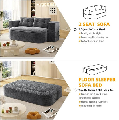 78.7" Futon Sofa Bed, 2-in-1 Foldable Sleeper Sofa, Convertible Sofa Bed with Pillows, Corduroy Couch with Multi Functional Blanket Upholstered Boneless Couches for Living Room, Dark Gray