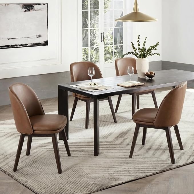 KISLOT Wooden Dining Chairs Set of 4, Faux Leather Upholstered Modern Dining Room Chairs with Double-Layer Thick Seat Cushion & Ergonomic Backrest for Restaurant, Kitchen and Café, Brown, 2 Boxs