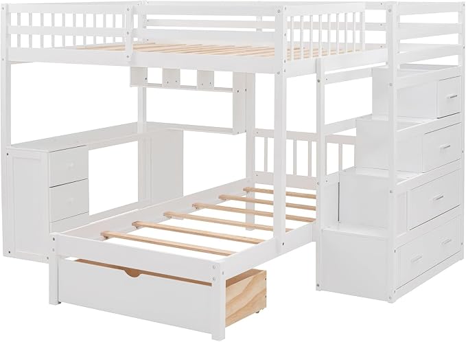 MERITLINE Full Over Twin L Shaped Bunk Bed with Stairs and Desk,Solid Wood L-Shaped Bunk Bed with Storage Drawers,Shelves,Ladder,Headboard and Guardrail,No Box Spring Needed (White)