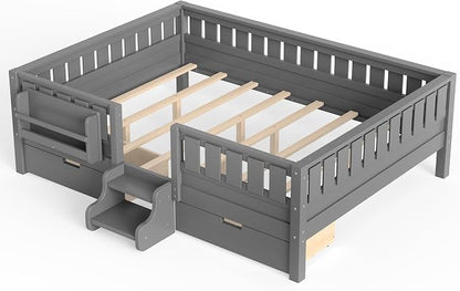 Bellemave Queen Size Bed with Slats and Stairs, Queen Size Platform Bed Frame with Fence, Bookshelf and Storage Drawers, Easy Assemble Beds for Girls, Boys, Gray