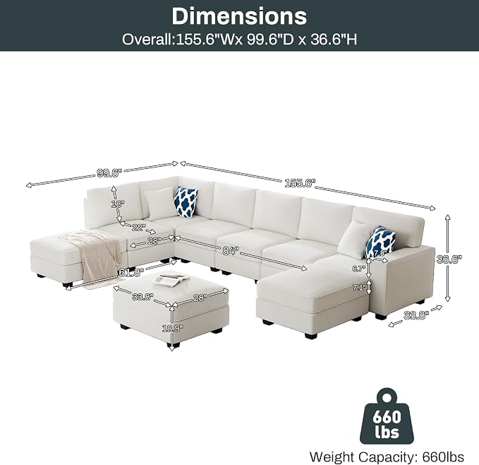 Legend Vansen Oversized Modular Sectional Sofa,U/L‑Shaped Reversible Couch with Ottoman,Deep Seat Plush Polyester Sofa for Living Room,9‑Seater,Cream