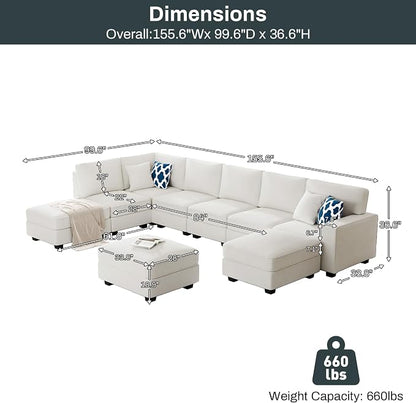 Legend Vansen Oversized Modular Sectional Sofa,U/L‑Shaped Reversible Couch with Ottoman,Deep Seat Plush Polyester Sofa for Living Room,9‑Seater,Cream
