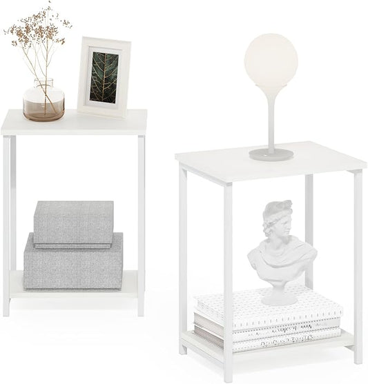Furinno Simplistic Side Table Set of 2, 2-Tier Modern Metal Frame End Table with Open Shelf, Night Stand, Bedside Table, Easy Assembly, for Living Room, Bedroom, White