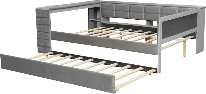 Bellemave Full Corner Bed Frame with Trundle and Storage Shelves and Desk, Wood Full Size Upholstered Daybed with Trundle and Charging Station, Gray