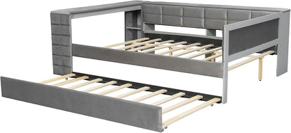 Bellemave Full Corner Bed Frame with Trundle and Storage Shelves and Desk, Wood Full Size Upholstered Daybed with Trundle and Charging Station, Gray