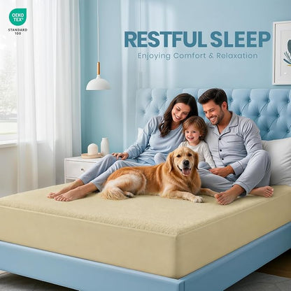 King Size Mattress Protector Waterproof, Premium 200 GSM Terry Mattress Cover, Soft & Breathable Bed Cover, Fitted Sheet Style Stretchable Deep Pockets 17" by Utopia Bedding (Beige)
