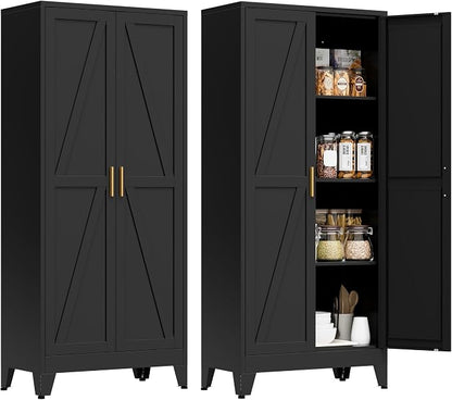 61" Tall Metal Pantry Cabinet, Kitchen Storage Cabinet with 2 Doors and 3 Adjustable Shelves for Kitchen, Living Room, Dining Room, Bathroom and Home, Office (Black, 1PC)