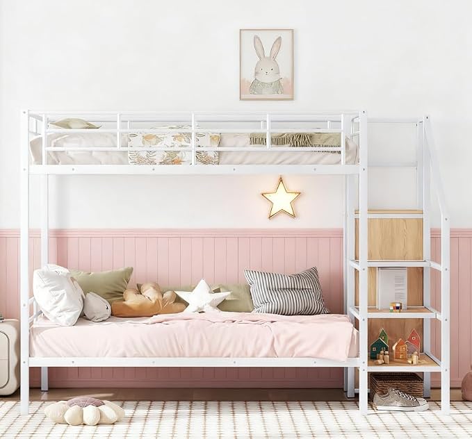 Bellemave Bunk Bed Twin Over Twin，Metal Bunk Bed with Storage Stairs and Wardrobe, Bunk beds for Adults/Kids/Teens, White