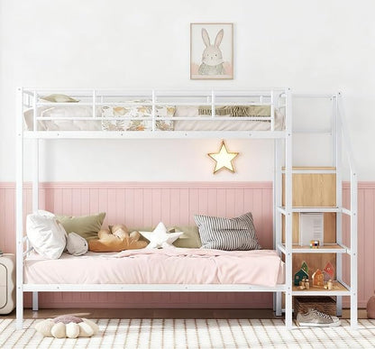 Bellemave Bunk Bed Twin Over Twin，Metal Bunk Bed with Storage Stairs and Wardrobe, Bunk beds for Adults/Kids/Teens, White