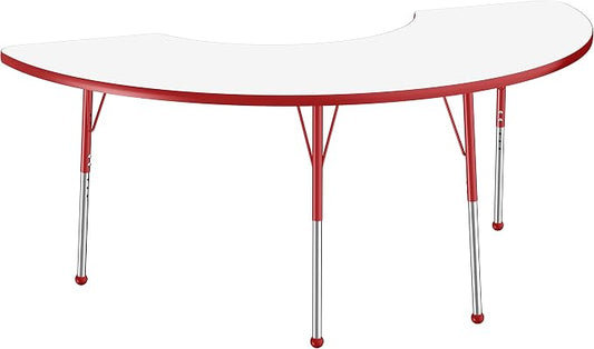 FDP Dry-Erase Half Moon Activity School and Office Table (36 x 72 inch), Standard Legs with Ball Glides for Collaborative Spaces, Adjustable Height 19-30 inches - Whiteboard Top, Red Edge and Legs
