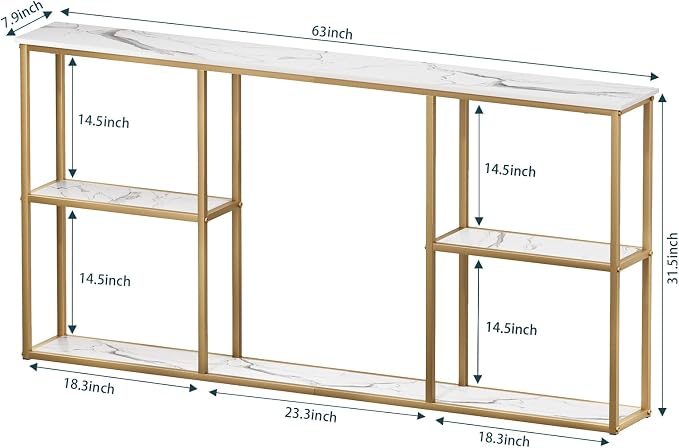 WOHOMO Gold Console Table, 3-Tier Small Entryway Table for Hallway, Narrow Sofa Table Behind Couch for Living Room, Entrance (63 inch)