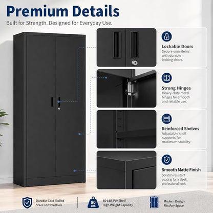 71" Black Metal Storage Cabinet with Lock & Adjustable Shelves - Heavy Duty Garage, Pantry & Office Cabinet with Adjustable Feet, 4 Shelves & Doors for Home Organization